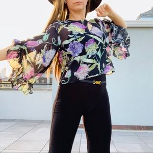 H&M Old Hollywood Floral Peplum Ruffle Sleeve Top